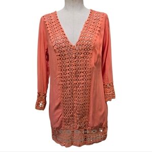 Solitaire Swim Crochet Trim Cover-Up Dress In Coral S